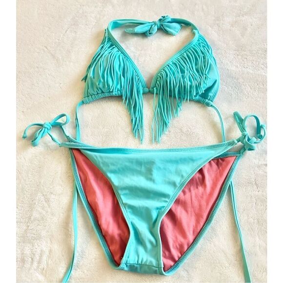 GUESS VINTAGE - Bright blue Y2K USA fringe bikini set size M - Picture 1 of 6